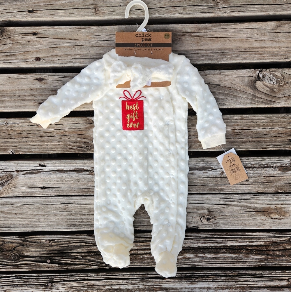 NWT Cream Red Gold Holiday Christmas 2 Piece Set Chick Pea Onesie Headband 0-3